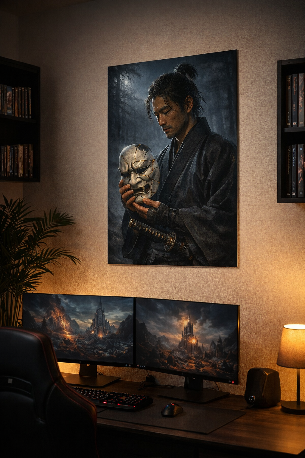 Samurai mit Maske - Metallposter - Wandkunst