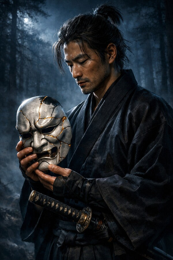 Samurai Metallposter mit Maske | Dunkle Wandkunst