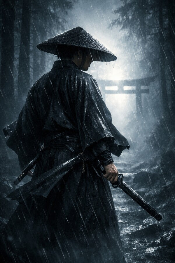 Samurai im Regen Metallposter – Krieger mit Strohhut von hinten, Hand am Katana, leuchtendes Torii im Regenwald