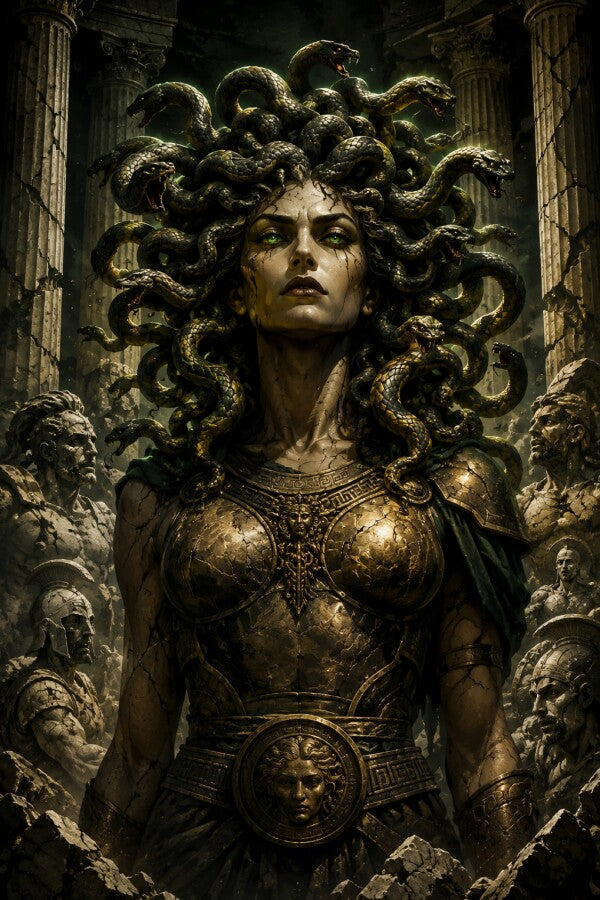 Medusa Metallposter – Gorgone mit Schlangenhaar, grünen Augen und Bronzerüstung zwischen versteinerten Kriegern und Säulen
