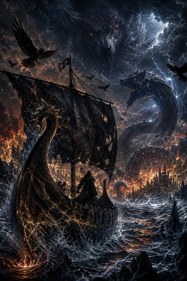 Ragnarök Metallposter – Wikingerschiff mit schwarzem Segel, Wolfskopf in den Wolken, Seeschlange und brennende Stadt am Horizont