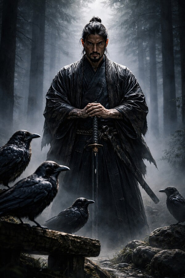 Samurai mit Raben Metallposter – Krieger im schwarzen Kimono stützt sich auf sein Katana, vier Raben im Vordergrund, Nebelwald