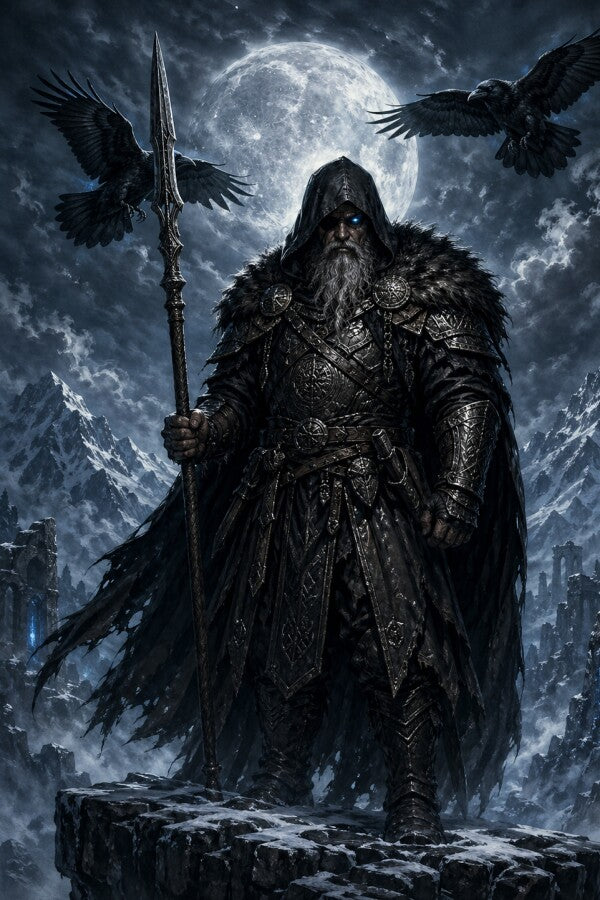 Allvater im Mondsturm Metallposter – Odin mit Speer, Kapuze und Fellmantel, zwei Raben im Flug vor dem Vollmond