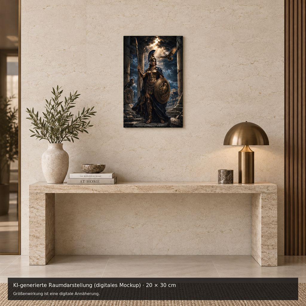 Athene Metallposter mit Eulen 20 × 30 cm – KI-generierte Raumdarstellung (digitales Mockup)