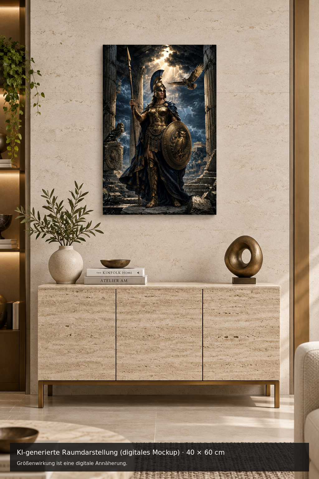 Athene Metallposter mit Eulen 40 × 60 cm – KI-generierte Raumdarstellung (digitales Mockup)