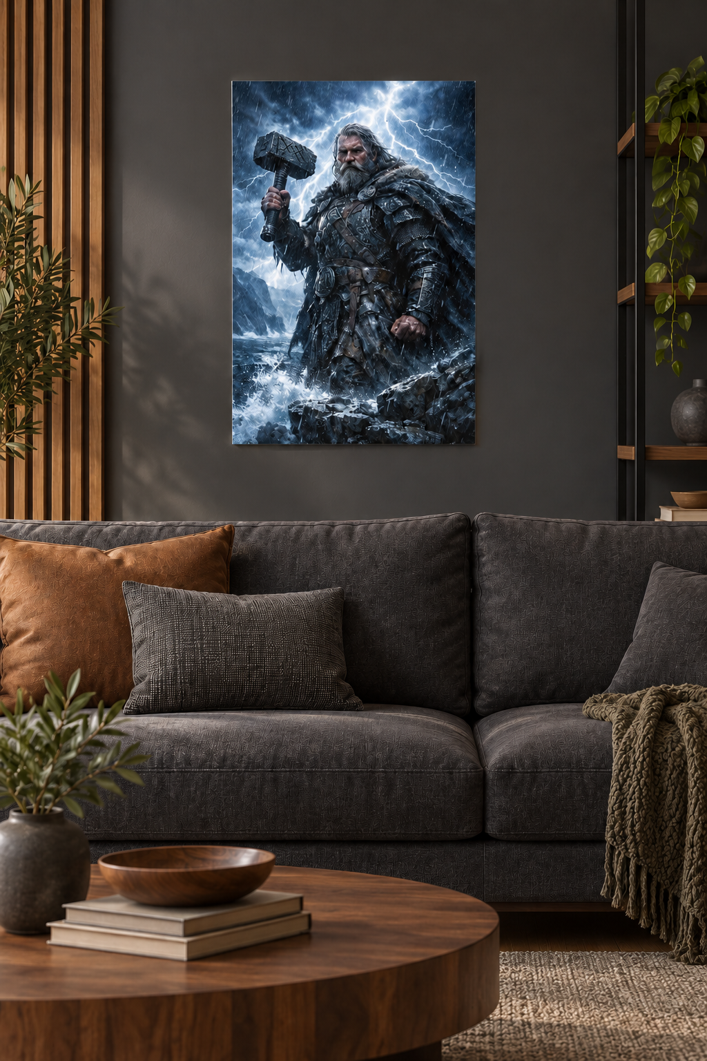 Der Donnergott Metallposter, 40 × 60 cm, über einem Sofa