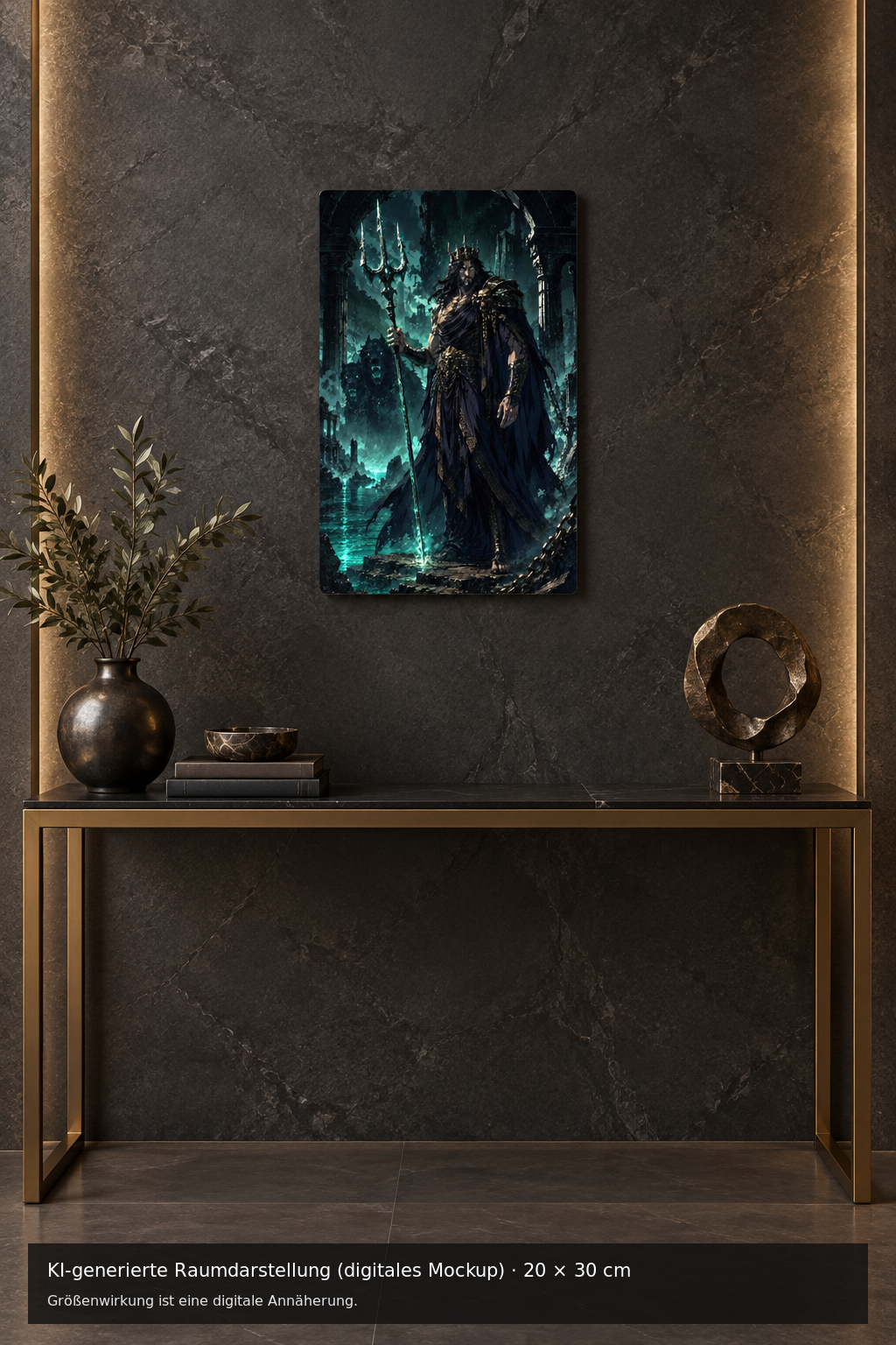 Hades Metallposter 20 × 30 cm – KI-generierte Raumdarstellung (digitales Mockup)