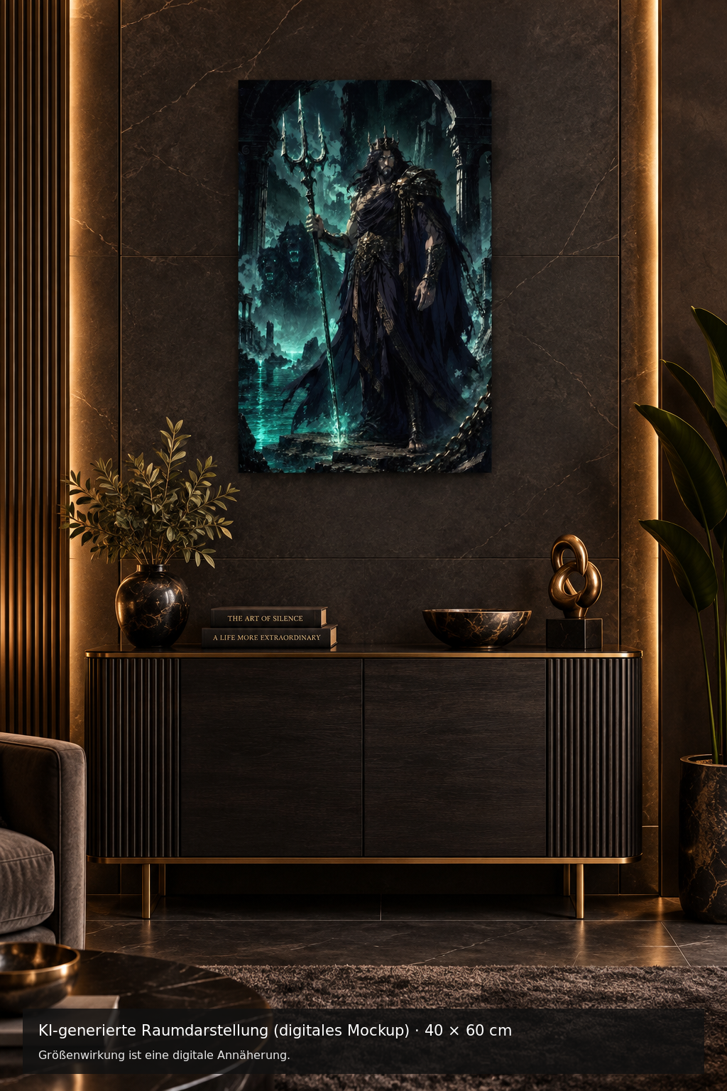 Hades Metallposter 40 × 60 cm – KI-generierte Raumdarstellung (digitales Mockup)