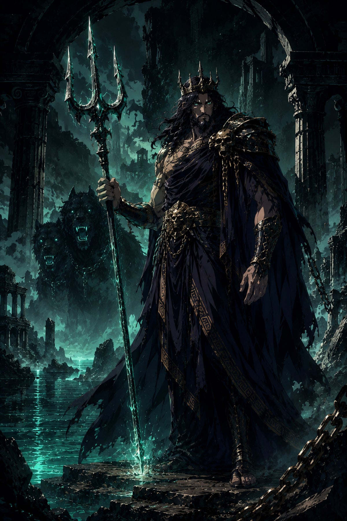 Hades Metallposter – Herr der Unterwelt mit leuchtendem Dreizack und Höllenhunden