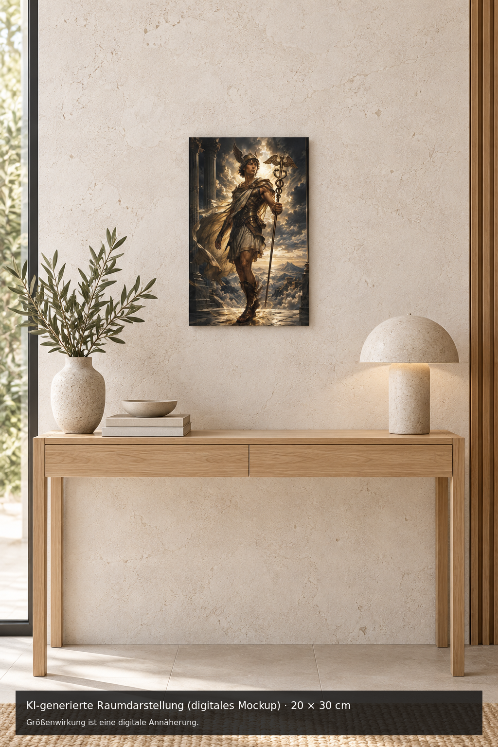 Hermes Metallposter 20 × 30 cm – KI-generierte Raumdarstellung (digitales Mockup)