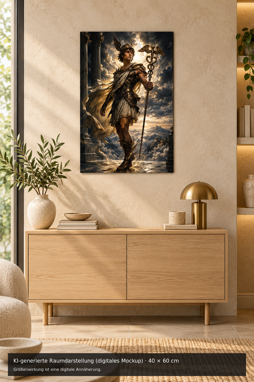 Hermes Metallposter 40 × 60 cm – KI-generierte Raumdarstellung (digitales Mockup)