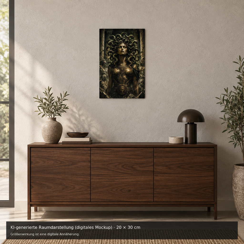 Medusa Metallposter 20 × 30 cm – KI-generierte Raumdarstellung (digitales Mockup)