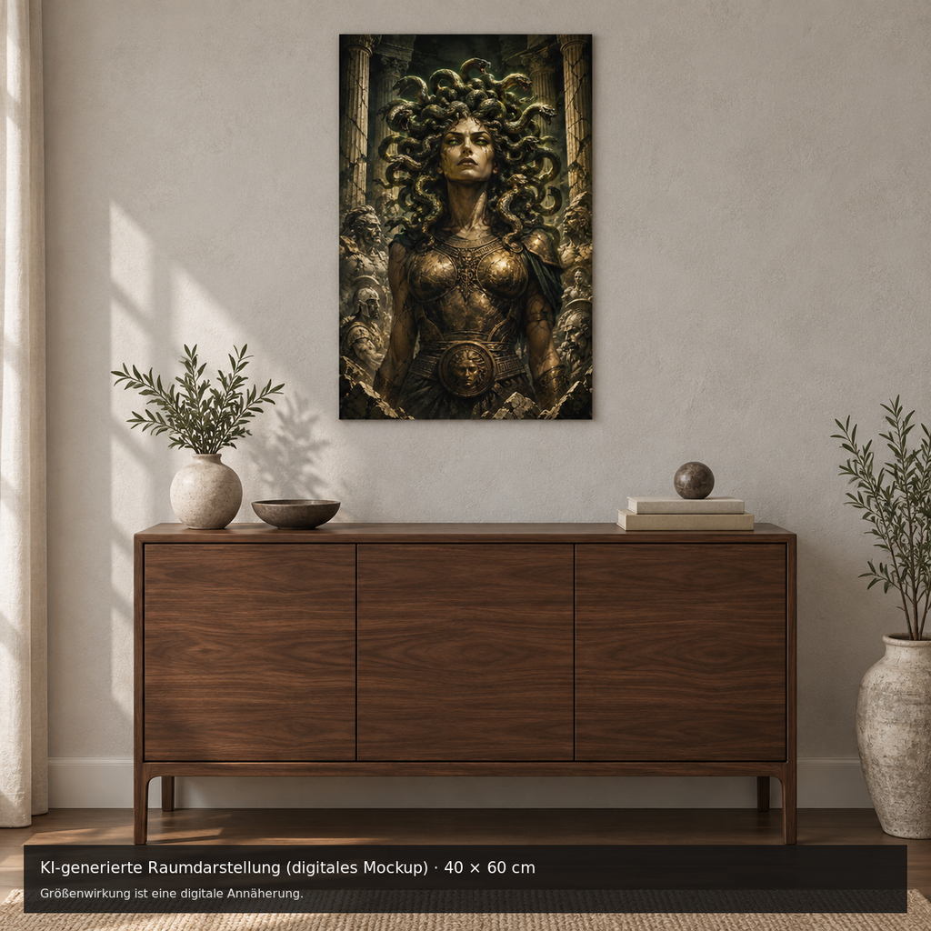 Medusa Metallposter 40 × 60 cm – KI-generierte Raumdarstellung (digitales Mockup)