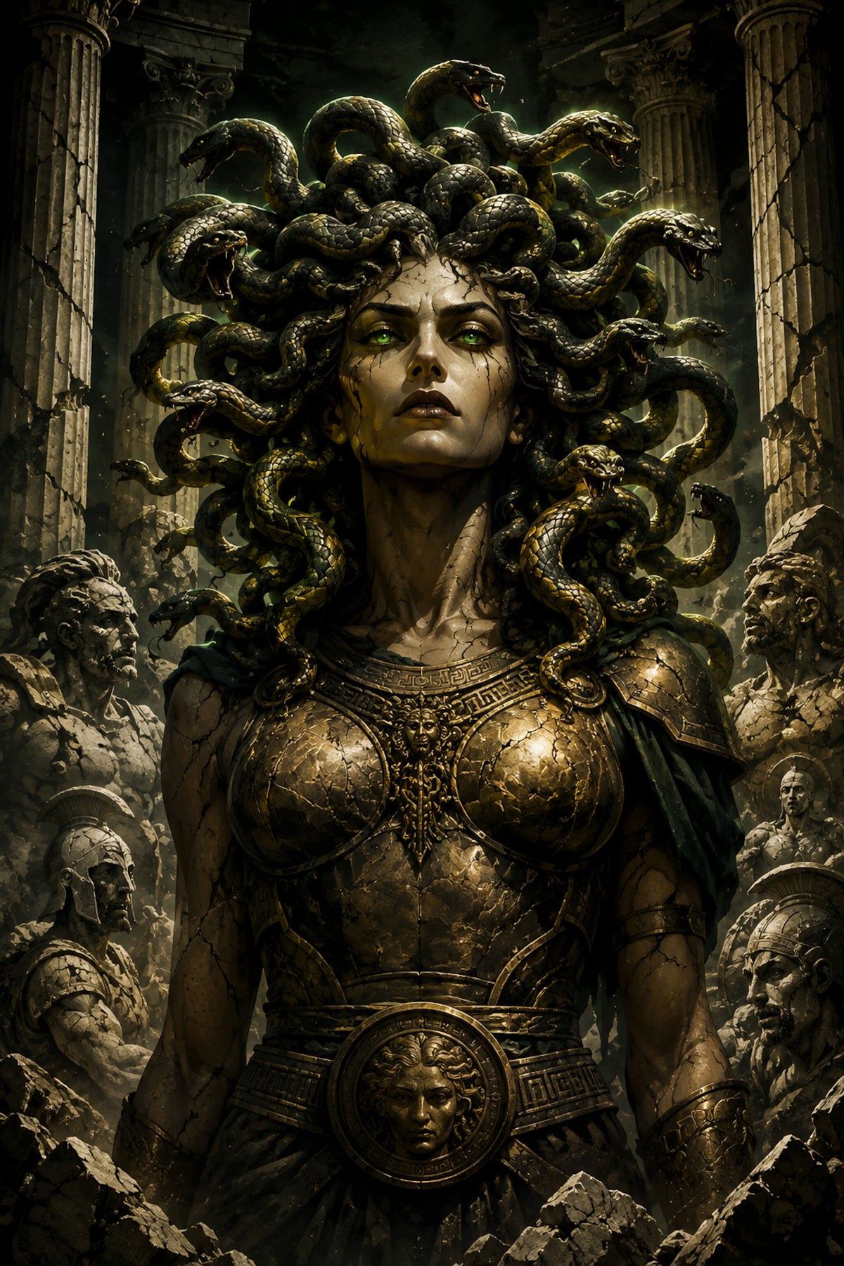 Medusa Metallposter – Medusa in goldener Rüstung zwischen versteinerten Kriegern