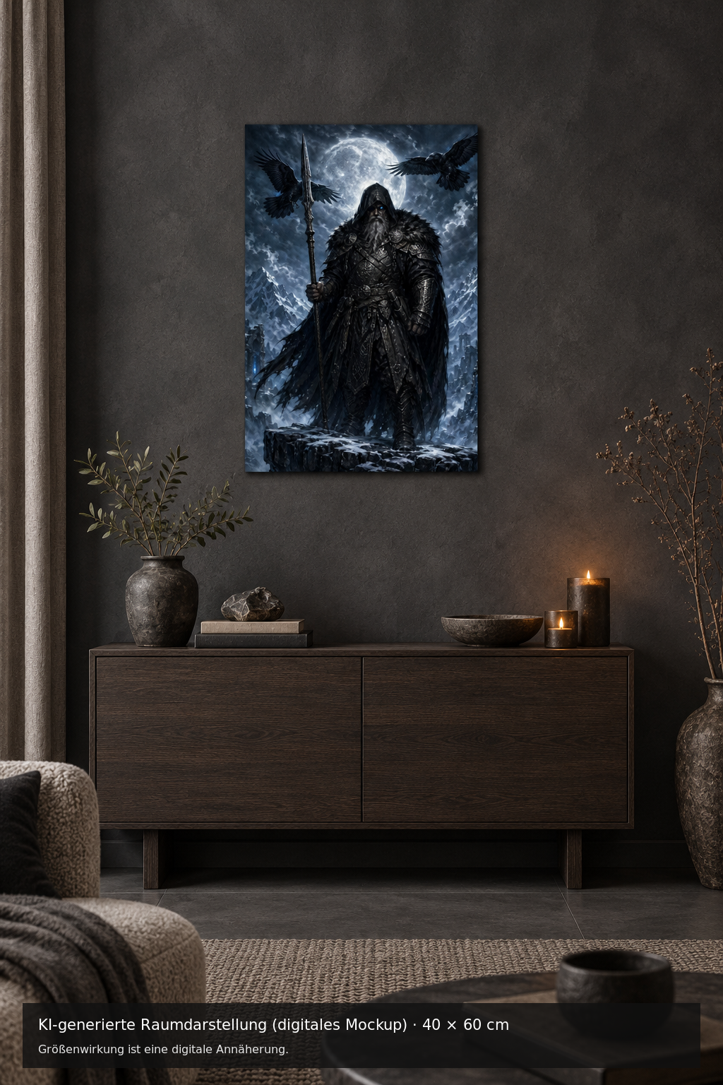Allvater im Mondsturm Metallposter 40 × 60 cm – KI-generierte Raumdarstellung (digitales Mockup)