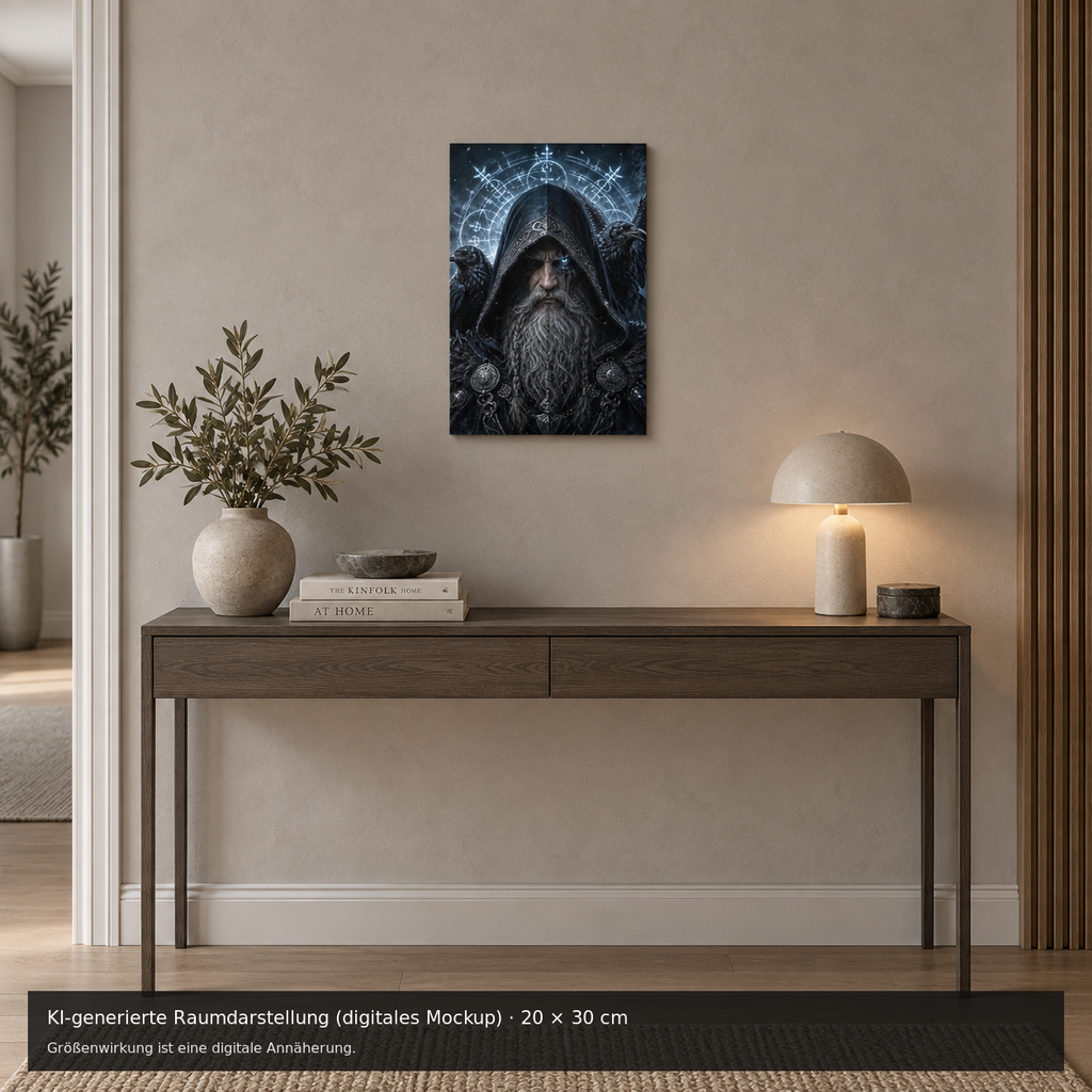 Allvater und die Raben Metallposter 20 × 30 cm – KI-generierte Raumdarstellung (digitales Mockup)