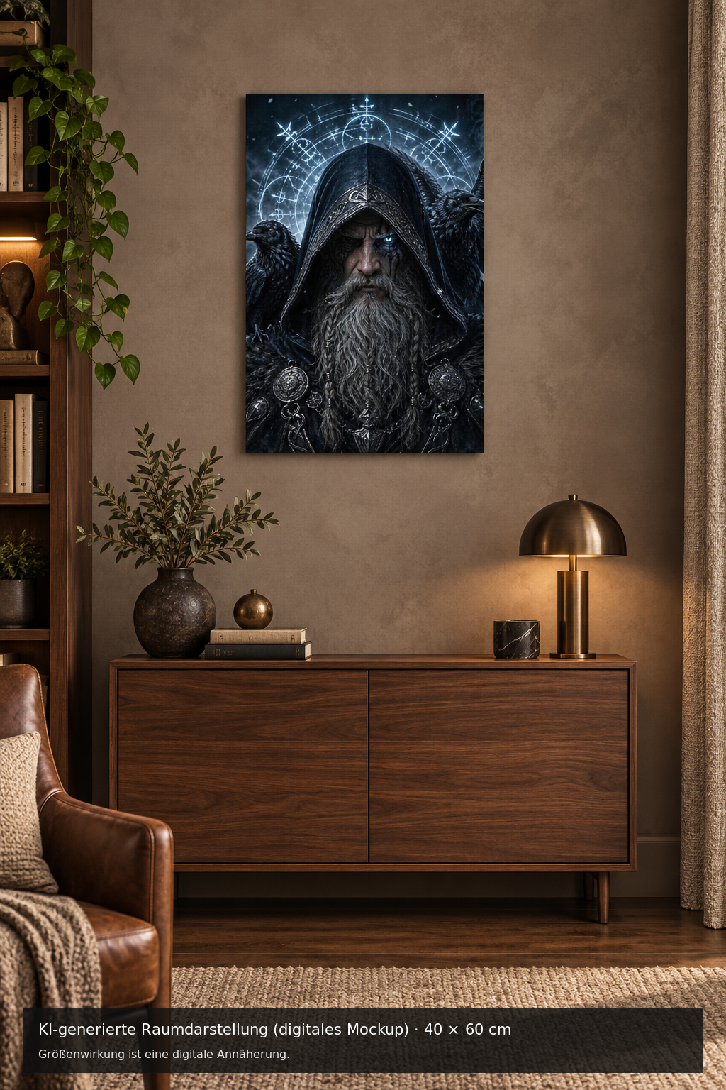 Allvater und die Raben Metallposter 40 × 60 cm – KI-generierte Raumdarstellung (digitales Mockup)