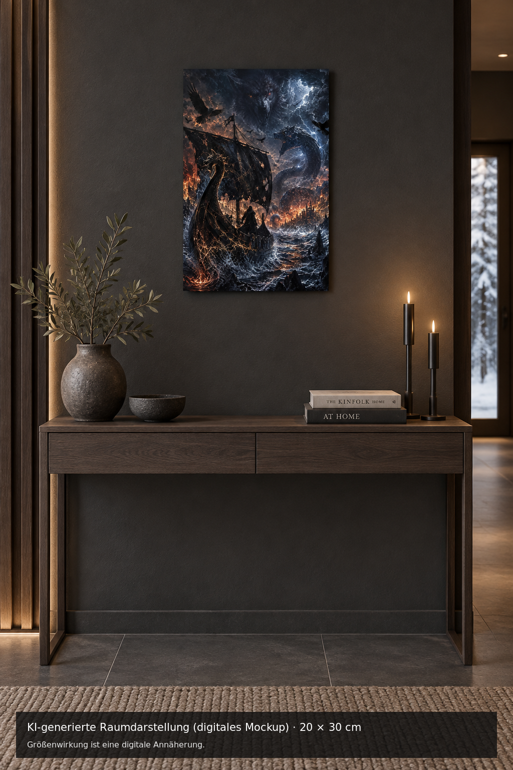 Ragnarök Metallposter 20 × 30 cm – KI-generierte Raumdarstellung (digitales Mockup)