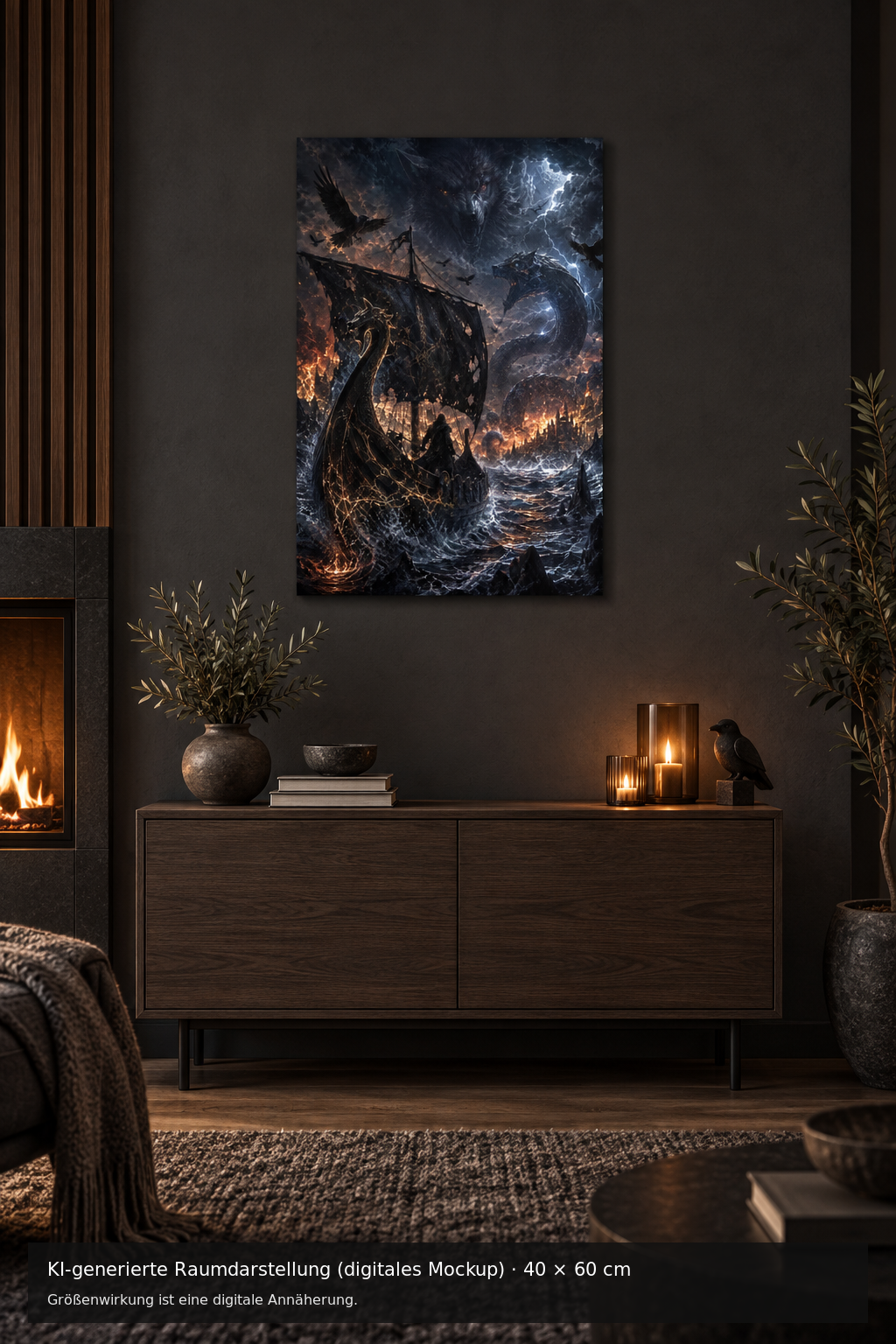 Ragnarök Metallposter 40 × 60 cm – KI-generierte Raumdarstellung (digitales Mockup)