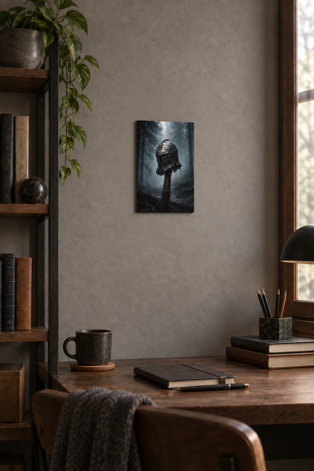 Ritterhelm Metallposter 20 x 30 cm in einem stilvollen Arbeitszimmer