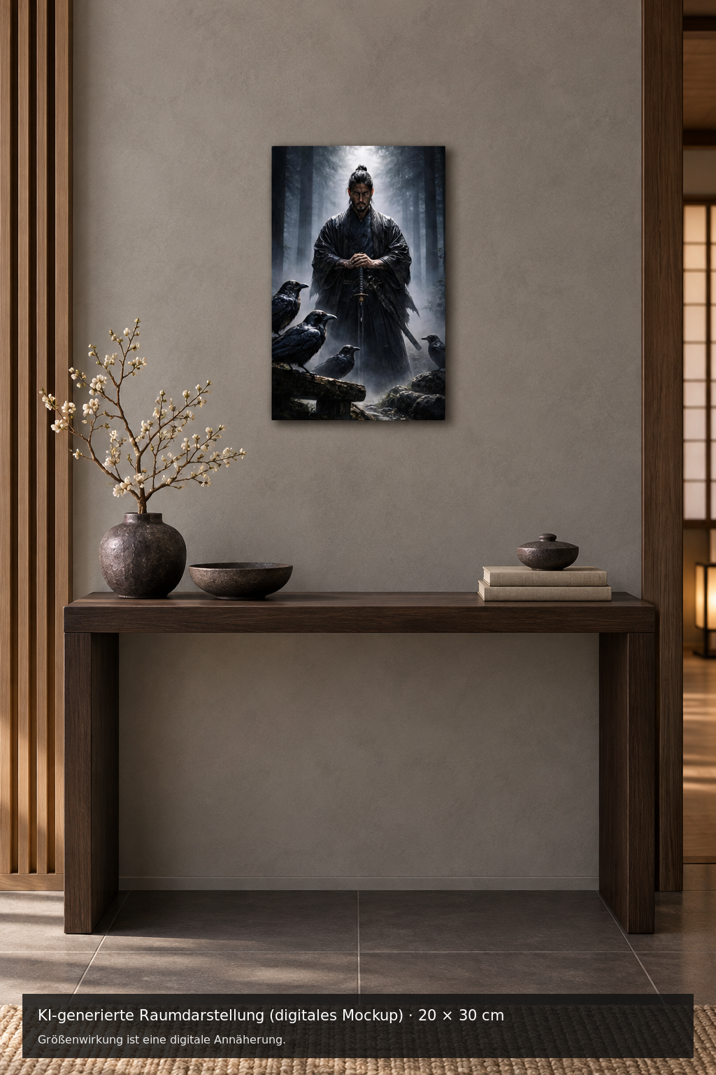 Samurai mit Raben Metallposter 20 × 30 cm – KI-generierte Raumdarstellung (digitales Mockup)