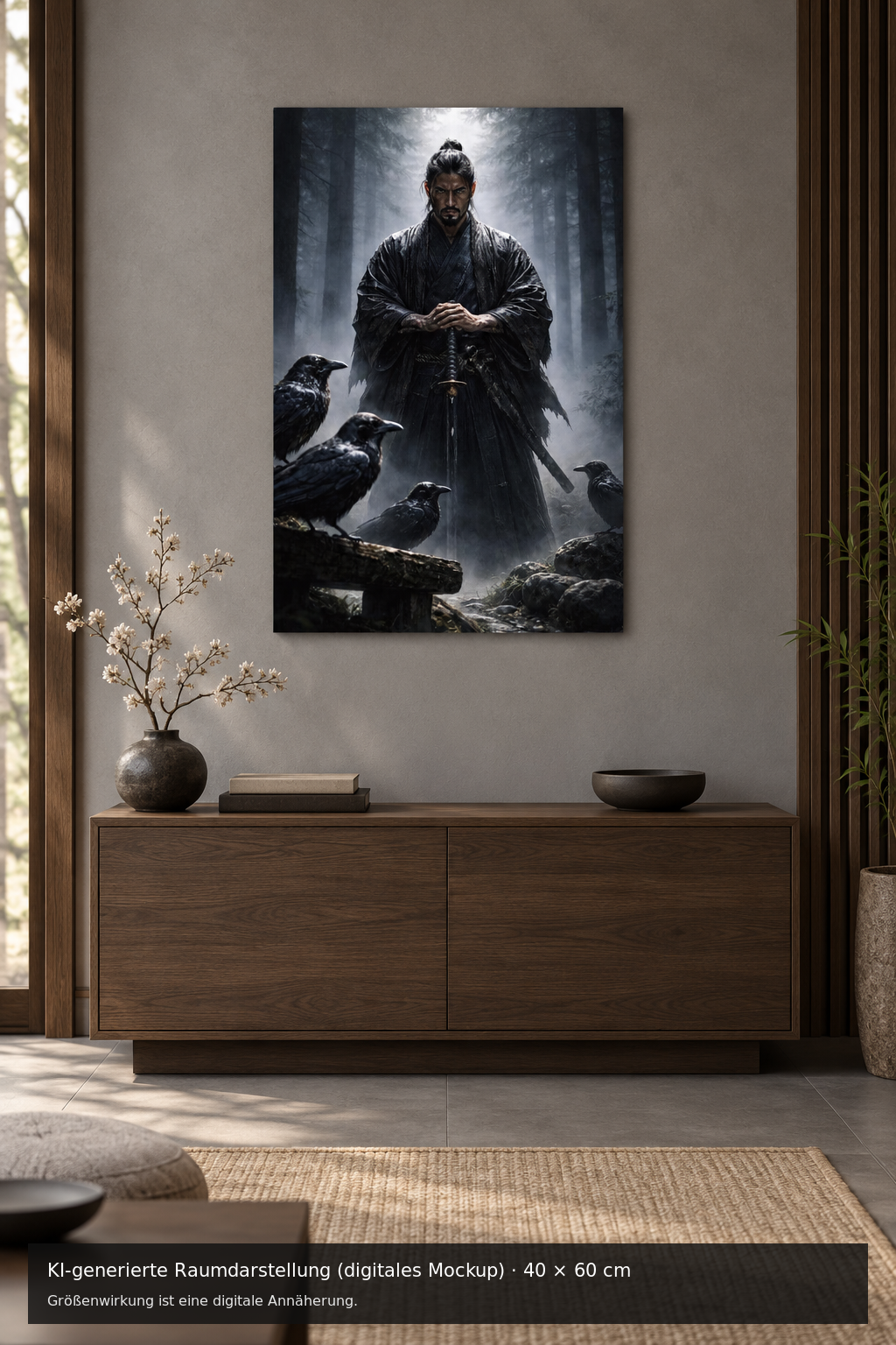 Samurai mit Raben Metallposter 40 × 60 cm – KI-generierte Raumdarstellung (digitales Mockup)