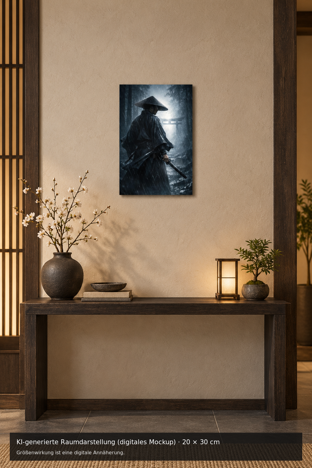 Samurai im Regen Metallposter 20 × 30 cm – KI-generierte Raumdarstellung (digitales Mockup)