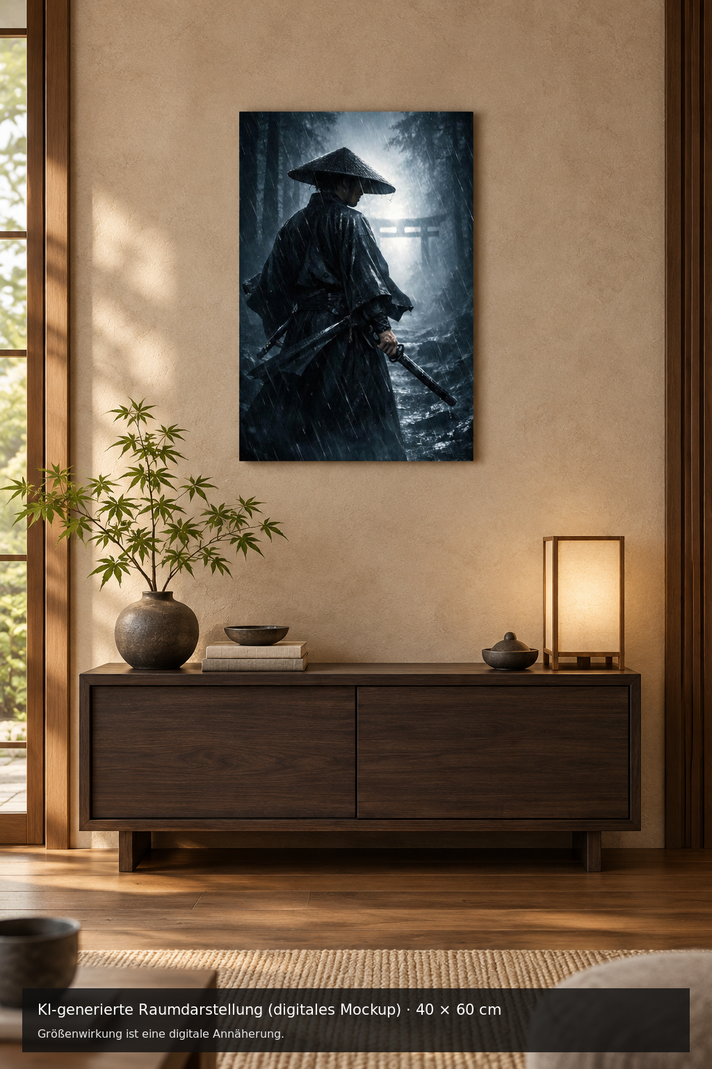 Samurai im Regen Metallposter 40 × 60 cm – KI-generierte Raumdarstellung (digitales Mockup)
