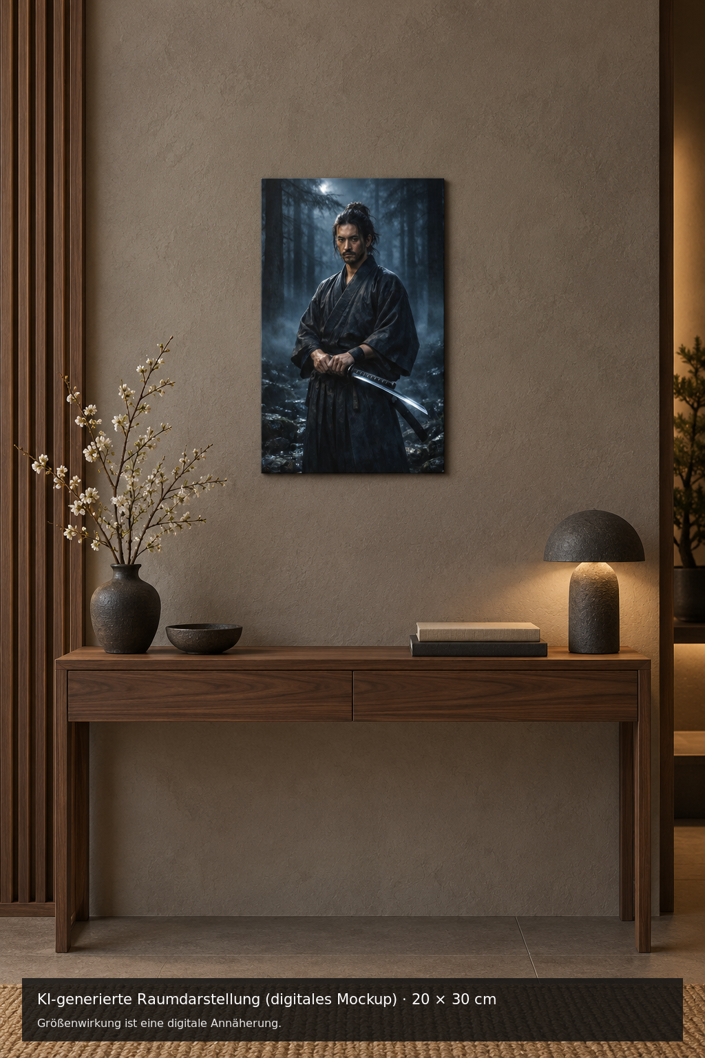 Samurai mit Schwert Metallposter 20 × 30 cm – KI-generierte Raumdarstellung (digitales Mockup)