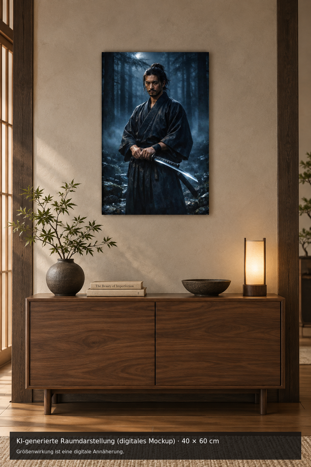 Samurai mit Schwert Metallposter 40 × 60 cm – KI-generierte Raumdarstellung (digitales Mockup)