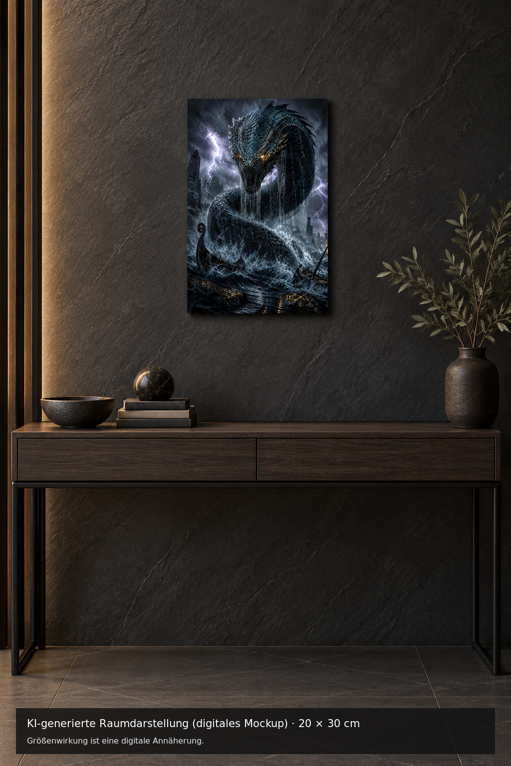 Die Weltenschlange Metallposter 20 × 30 cm – KI-generierte Raumdarstellung (digitales Mockup)