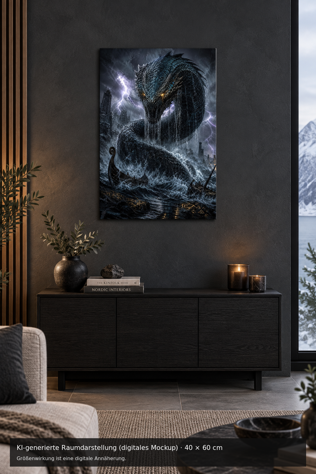 Die Weltenschlange Metallposter 40 × 60 cm – KI-generierte Raumdarstellung (digitales Mockup)